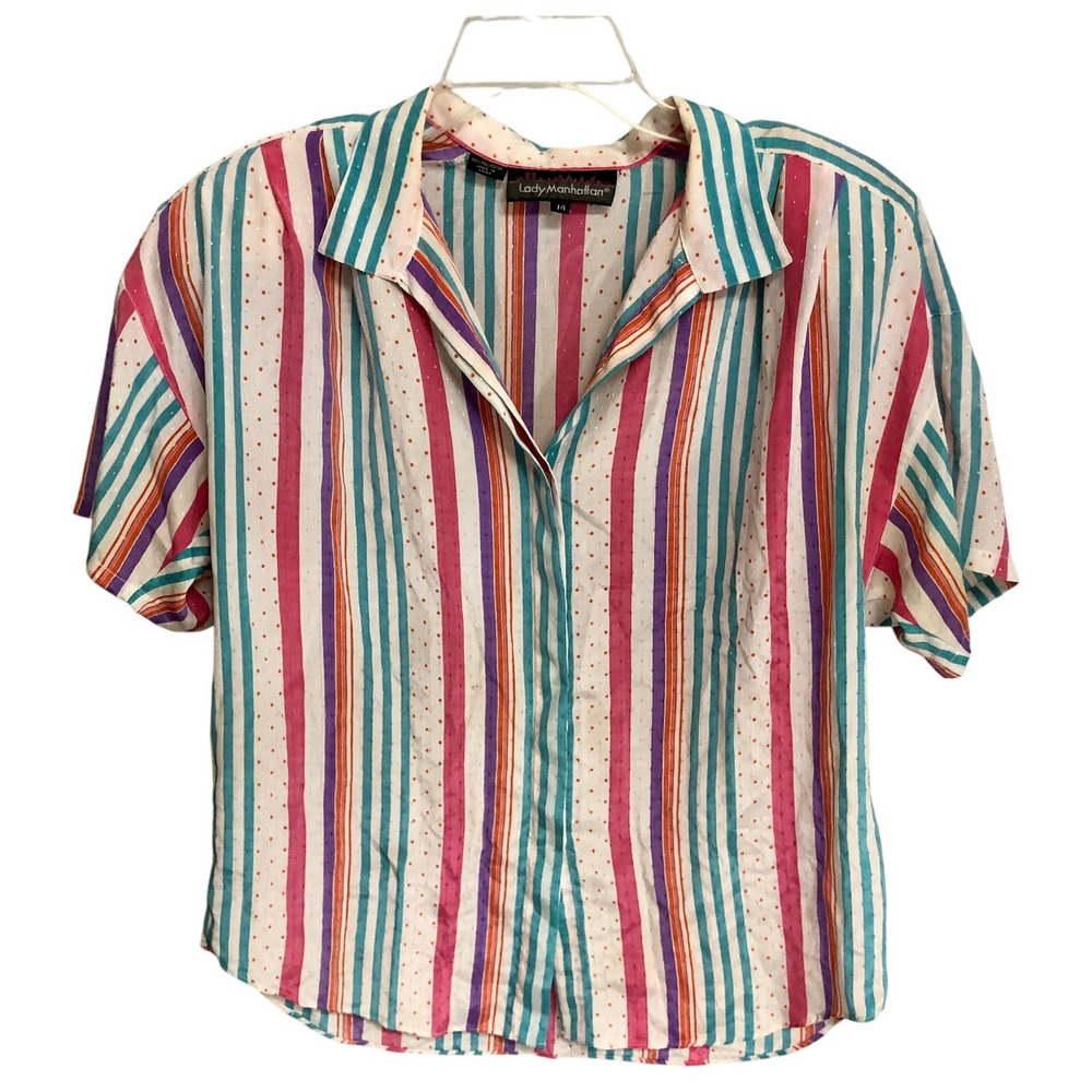 Lady Manhattan Button Down Blouse Womens 14 Fun Silky‎ Striped S/S Vintage 990s